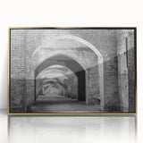 Mid-century modernist acrylic print featuring geometric tunnel design in gold tones, ideal for modern art wall decor.