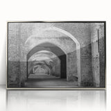 Mid-century modernist art of architectural tunnels in silver framed acrylic, using a blend of cool gray and metallic tones.