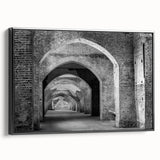 Framed canvas featuring a black and white vintage poster of architectural tunnels, ideal for bedroom wall decor.