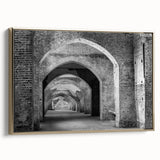 Vintage poster art of architectural tunnels in black and gold tones on framed canvas, ideal for bedroom wall decor.