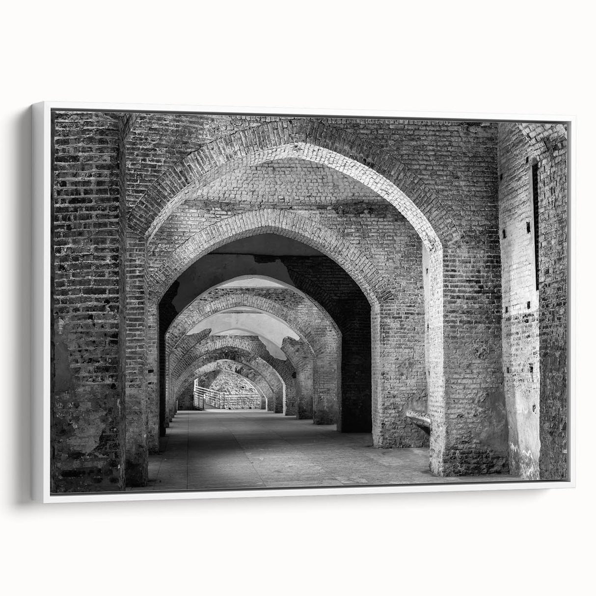 Vintage poster art of colorful abstract tunnels on a large framed canvas, ideal for living room decor.