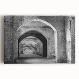 Monochrome architectural tunnel design on stretched canvas, suitable for kitchen wall art.