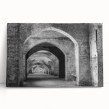 Black and white photo of architectural tunnels on stretched canvas, ideal for kitchen wall art.