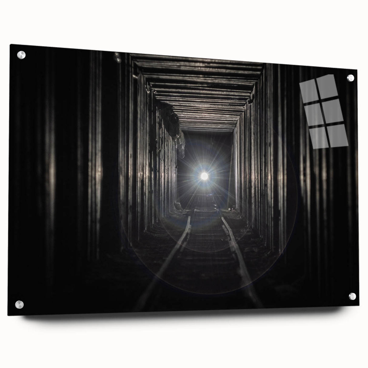 Large abstract wall art on acrylic glass featuring swirling gray and white patterns.