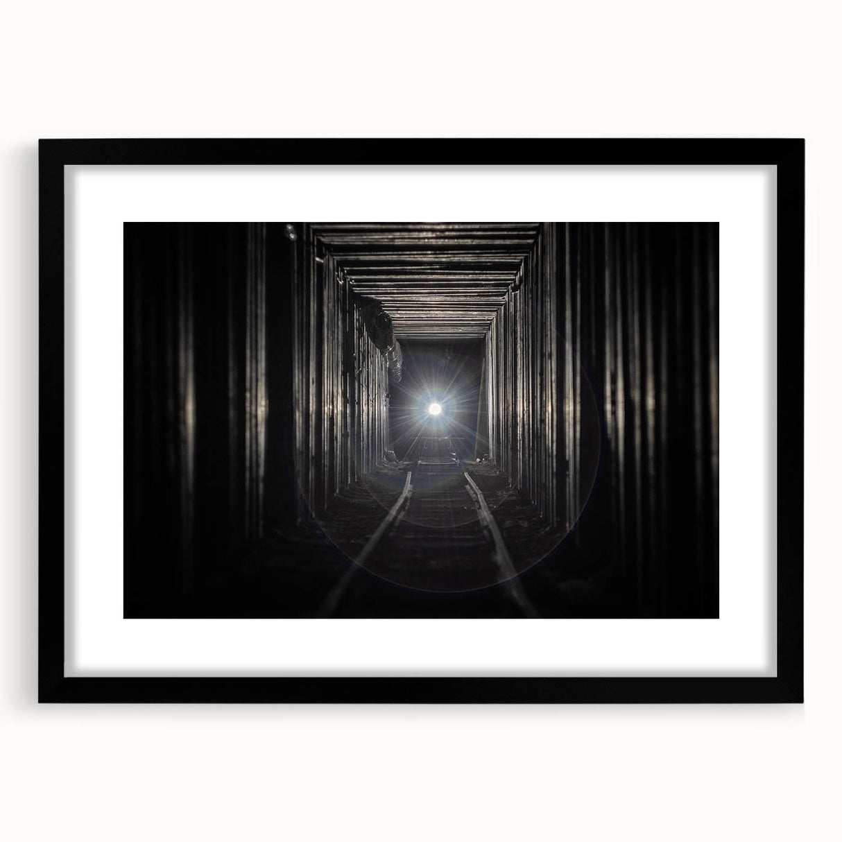 Extra large abstract art print featuring a colorful, textured design of architectural tunnels on a black framed canvas.