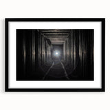 Extra large abstract art print featuring a colorful, textured design of architectural tunnels on a black framed canvas.