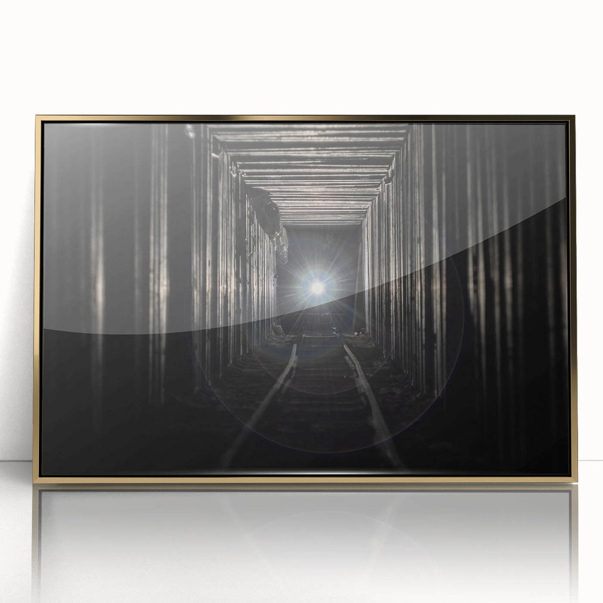 Mid-century modernist acrylic print of geometric architecture in gold and black tones, ideal for modern art wall decor.