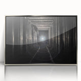 Mid-century modernist art of geometric tunnels in silver and gray tones on a framed acrylic, ideal for modern art wall decor.