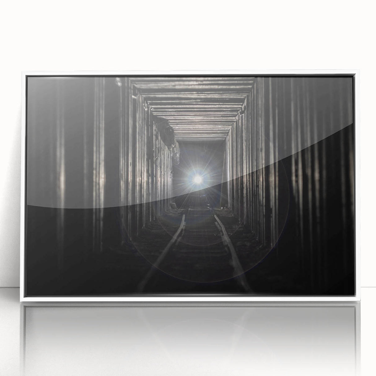 Art deco poster of geometric tunnels in black and white, framed acrylic print, suitable for modern art wall decor.