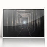 Art deco poster of geometric tunnels in black and white, framed acrylic print, suitable for modern art wall decor.