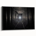 Black and white framed canvas featuring a vintage poster art style landscape of architectural tunnels.