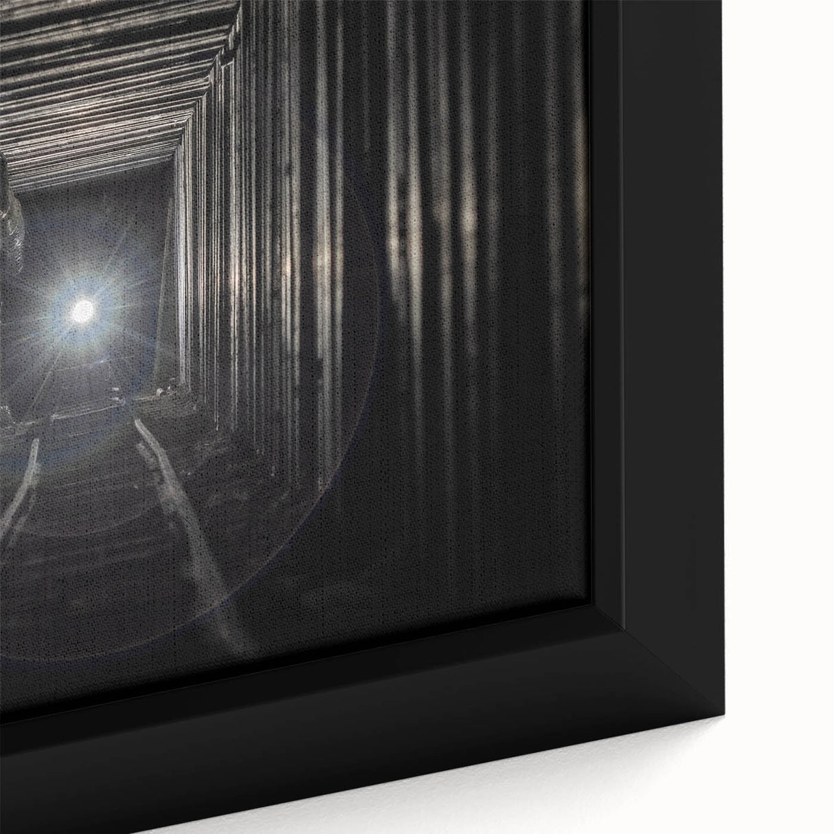Extra large framed canvas featuring a black textured tunnel design with colorful accents, ideal for living room decor.
