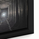 Extra large framed canvas featuring a black textured tunnel design with colorful accents, ideal for living room decor.