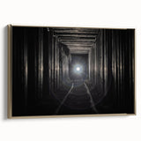 Framed canvas featuring a vintage poster art of black and gold architectural tunnels, ideal for bedroom wall decor.