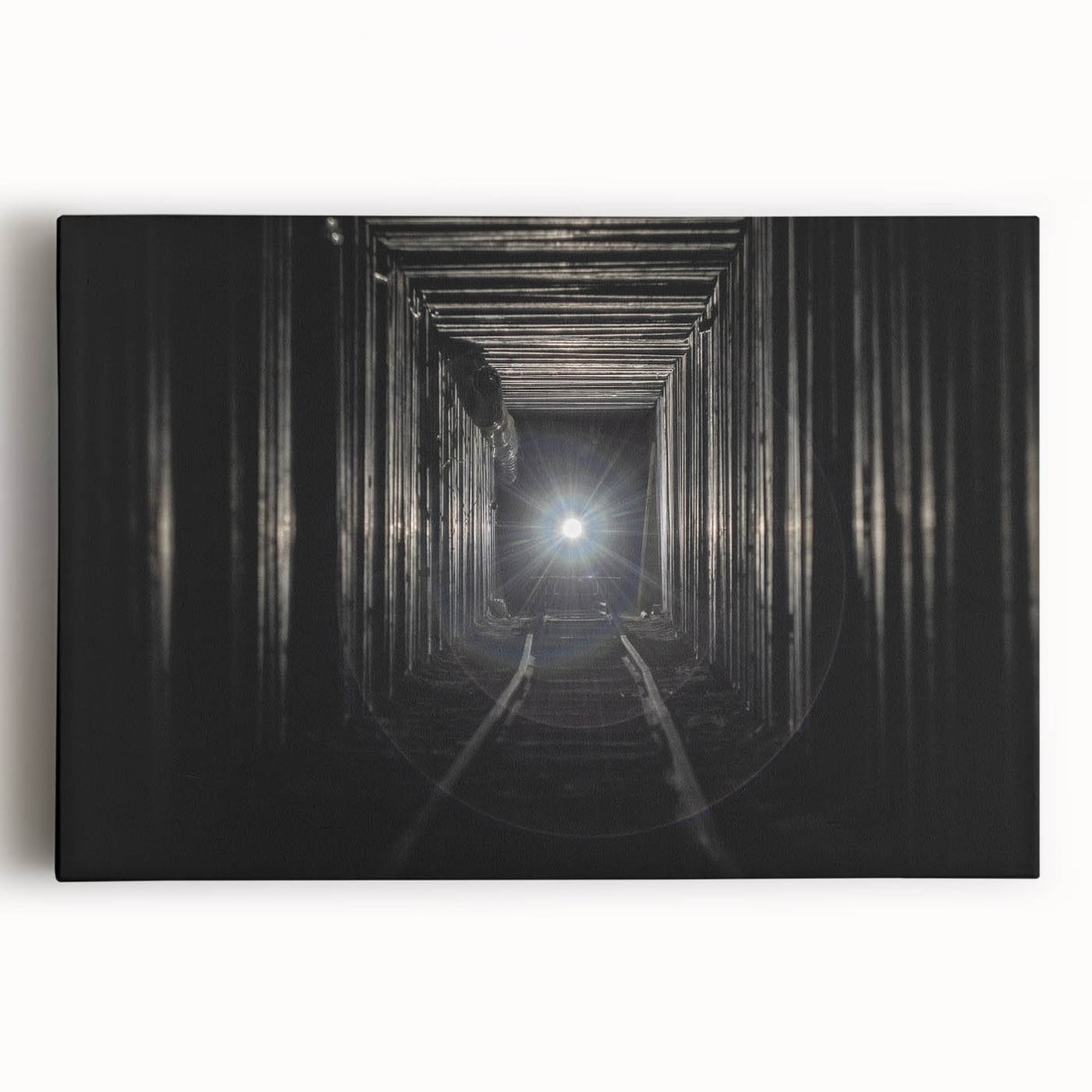 Black and white photo of architectural tunnels on stretched canvas, suitable for kitchen wall art.