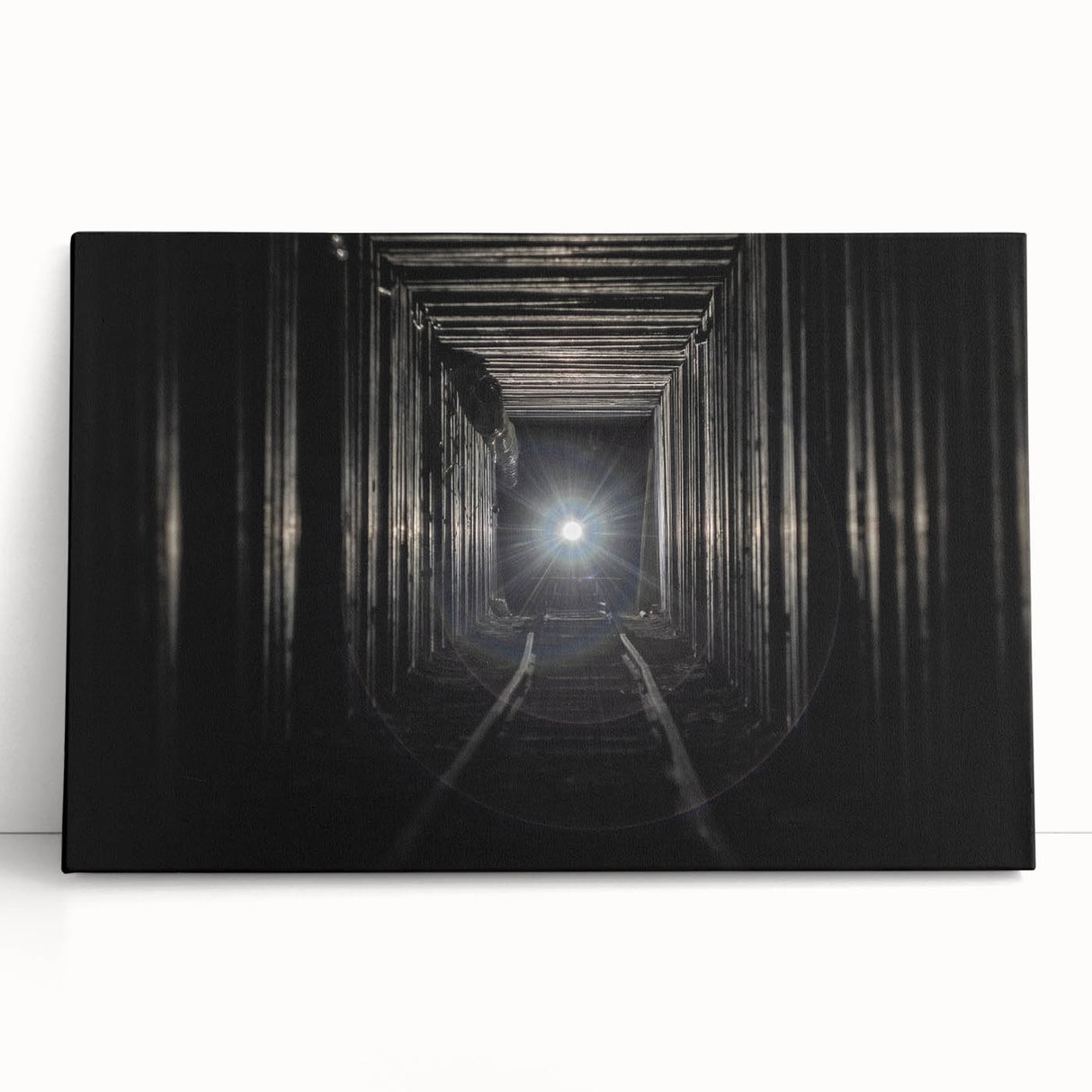 Black and white photograph of architectural tunnels on stretched canvas, ideal for kitchen wall art or bedroom ambiance.