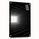 Large abstract wall art on acrylic glass showing a tunnel design in monochrome tones.