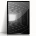 Large abstract wall art featuring geometric shapes in black and white, framed in black acrylic.