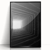 Large abstract wall art featuring geometric shapes in black and white, framed in black acrylic.