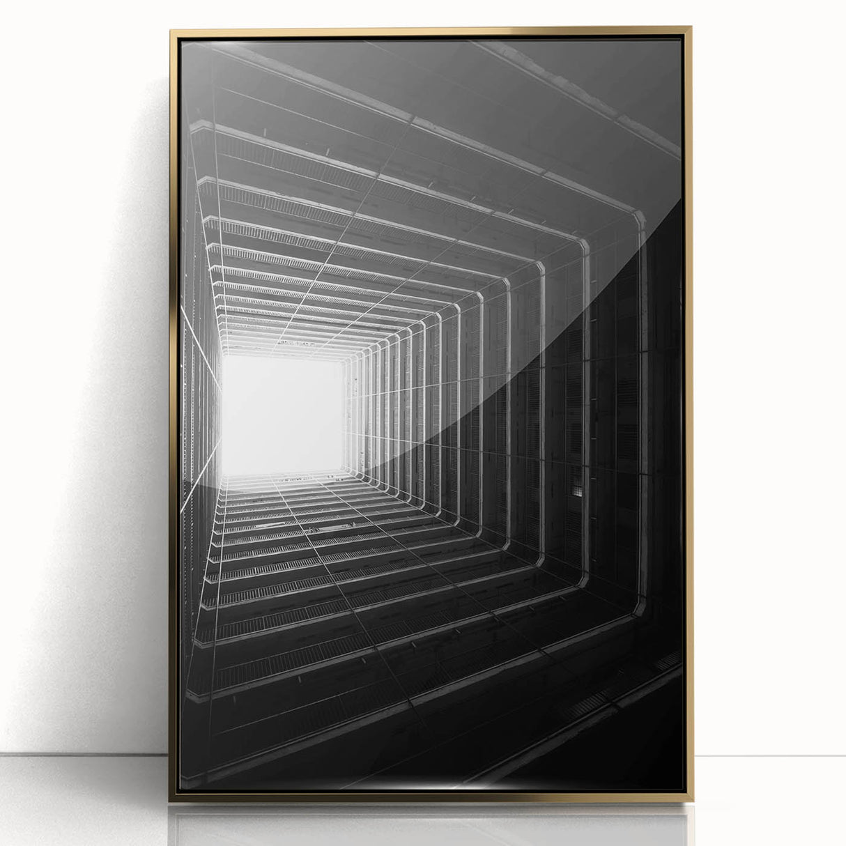 Mid-century modernist acrylic print of architectural tunnels in gold frame, suited for modern art wall decor.