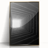 Mid-century modernist acrylic print of architectural tunnels in gold frame, suited for modern art wall decor.