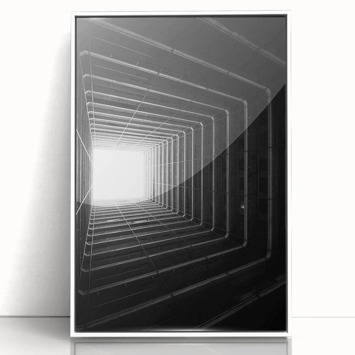 Art Deco poster featuring geometric patterns in black and white on framed acrylic, suitable for modern art wall decor.