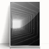 Art Deco poster featuring geometric patterns in black and white on framed acrylic, suitable for modern art wall decor.