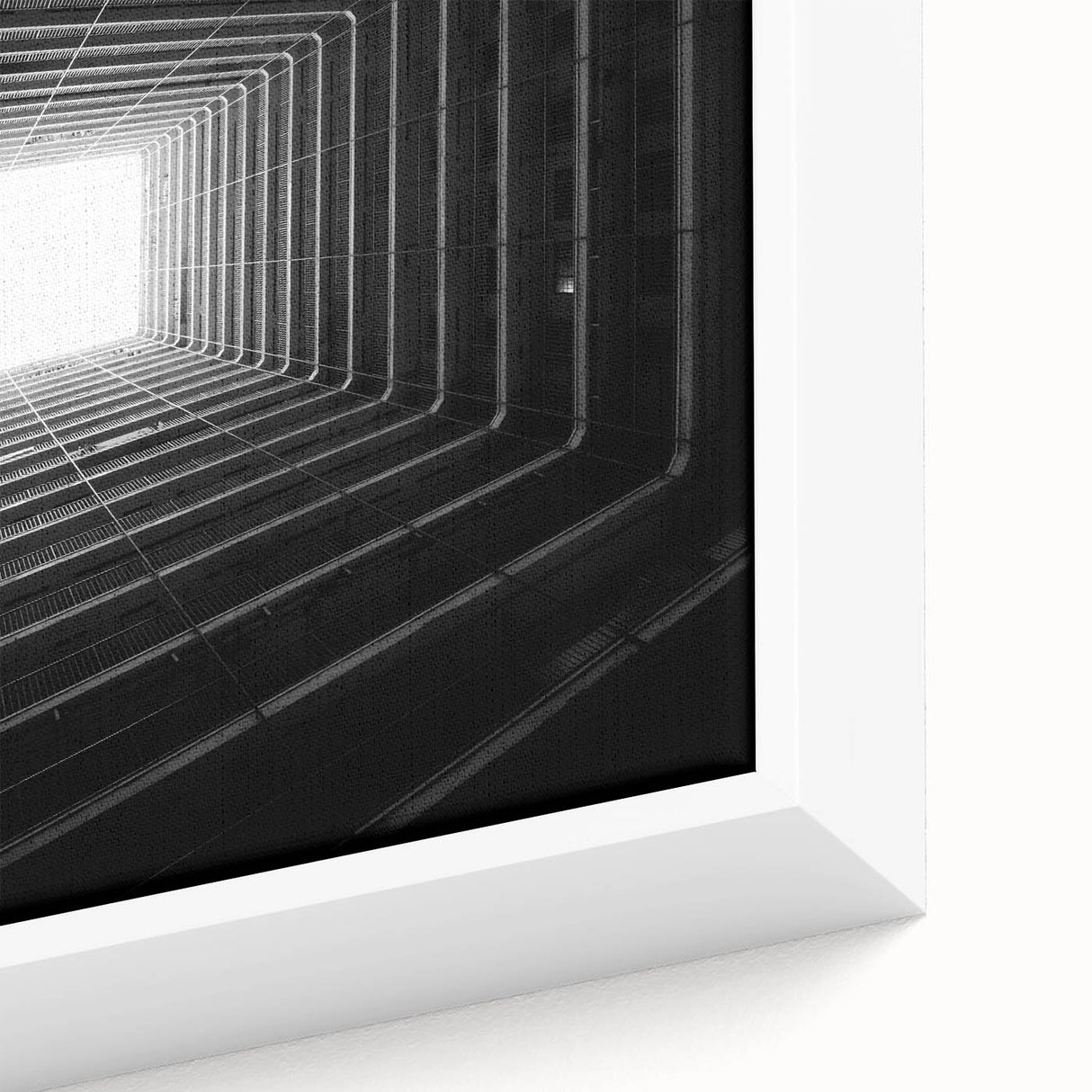 Black textured art of architectural tunnels in colorful abstract style on a large framed canvas.