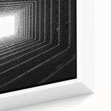 Black textured art of architectural tunnels in colorful abstract style on a large framed canvas.