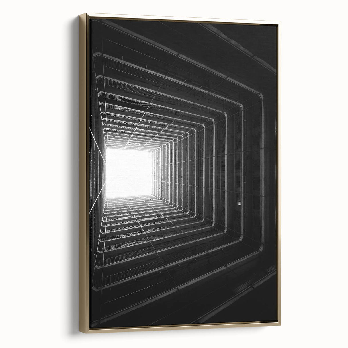 Framed canvas featuring a vintage poster art of black architectural tunnels, ideal for bedroom wall decor.
