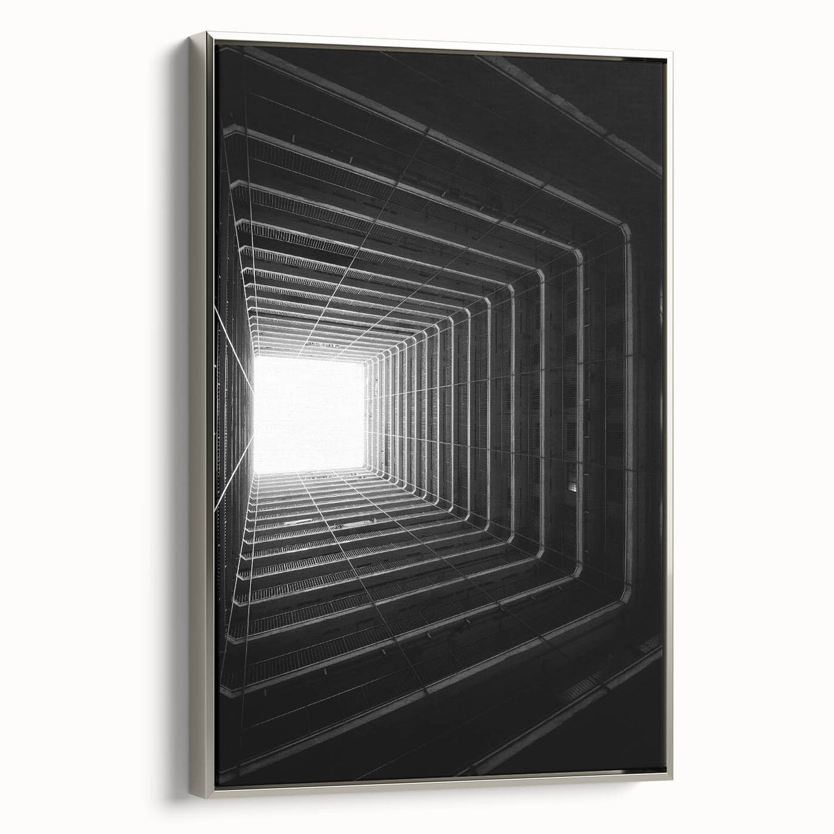 Framed canvas depicting a colorful vintage landscape with black architectural tunnels, ideal for modern office decor.