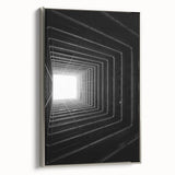Framed canvas depicting a colorful vintage landscape with black architectural tunnels, ideal for modern office decor.