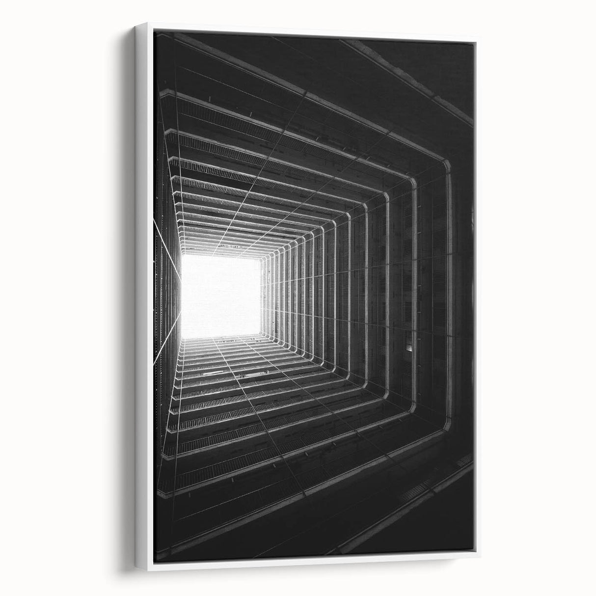 Vintage poster art of architectural tunnels in a black and colorful palette on extra large framed canvas.