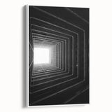 Vintage poster art of architectural tunnels in a black and colorful palette on extra large framed canvas.