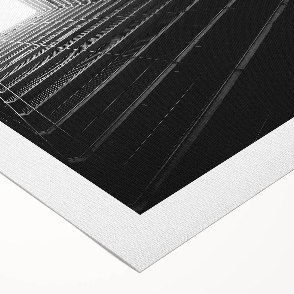 Art Deco poster featuring a geometric tunnel design in black and white on rolled canvas, suitable for dining room decor.