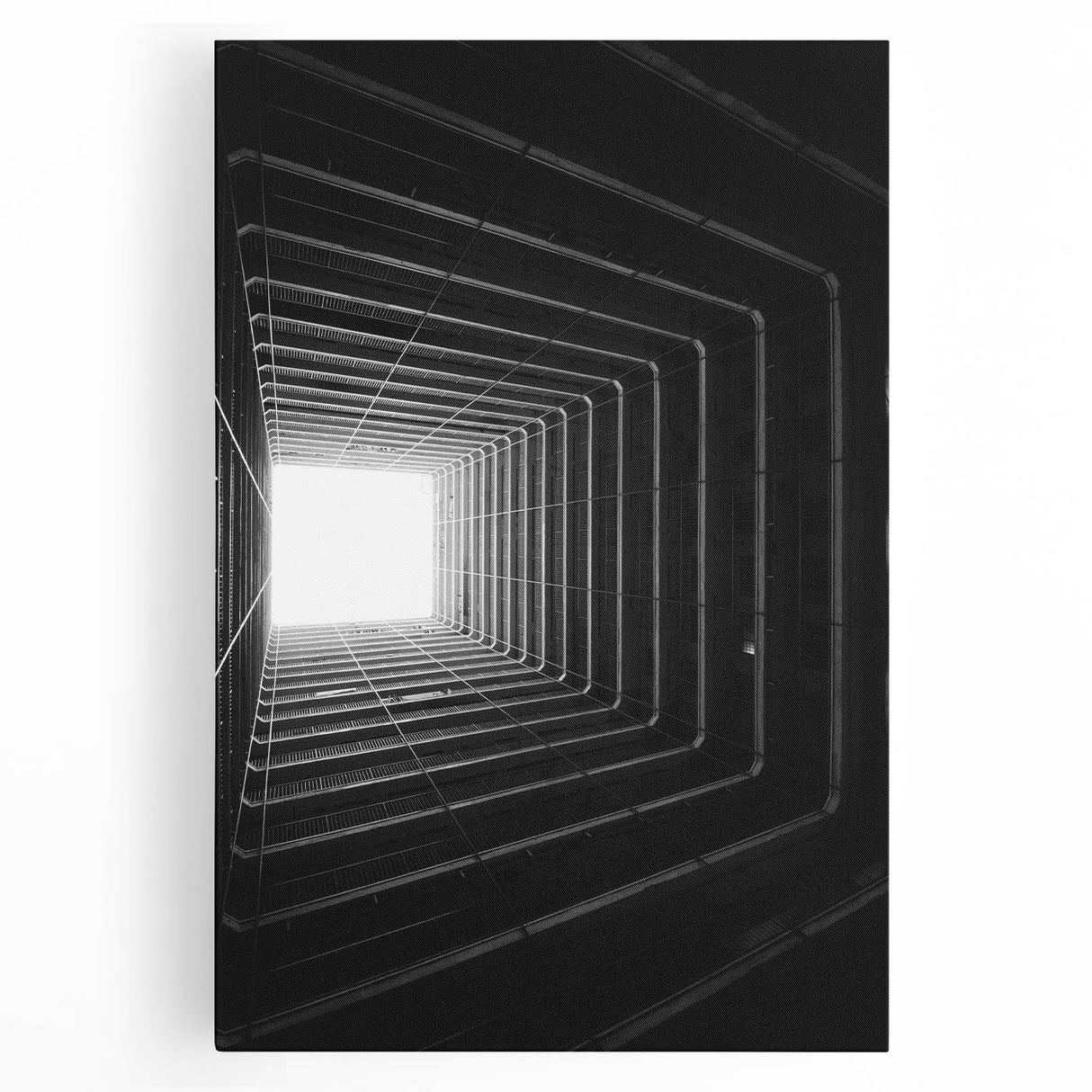Black and white photo of architectural tunnels on stretched canvas, ideal for kitchen wall art.