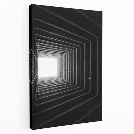Large art print of architectural tunnels in monochrome, stretched canvas format, suitable for kitchen wall art.
