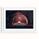 Abstract art print featuring a geometric tunnel design in black and white, framed with a white mat.