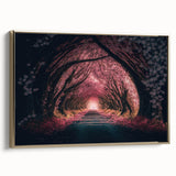 Framed canvas featuring a vintage poster art style landscape of architectural tunnels in black and gold tones.