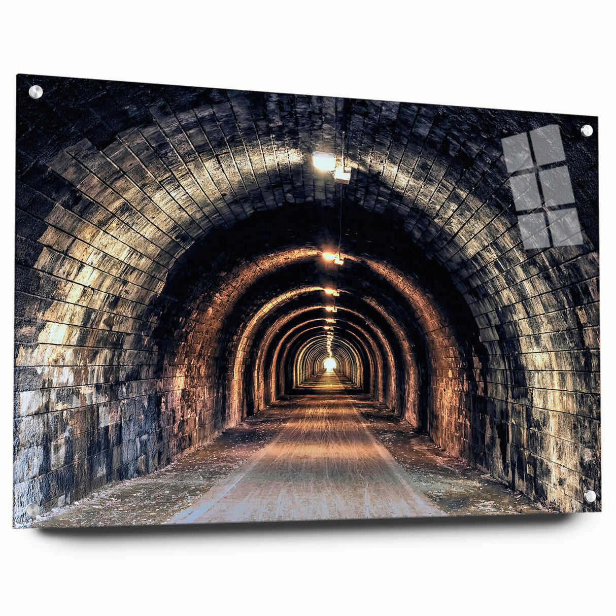 Acrylic print of large abstract wall art featuring architectural tunnels in muted gray tones.