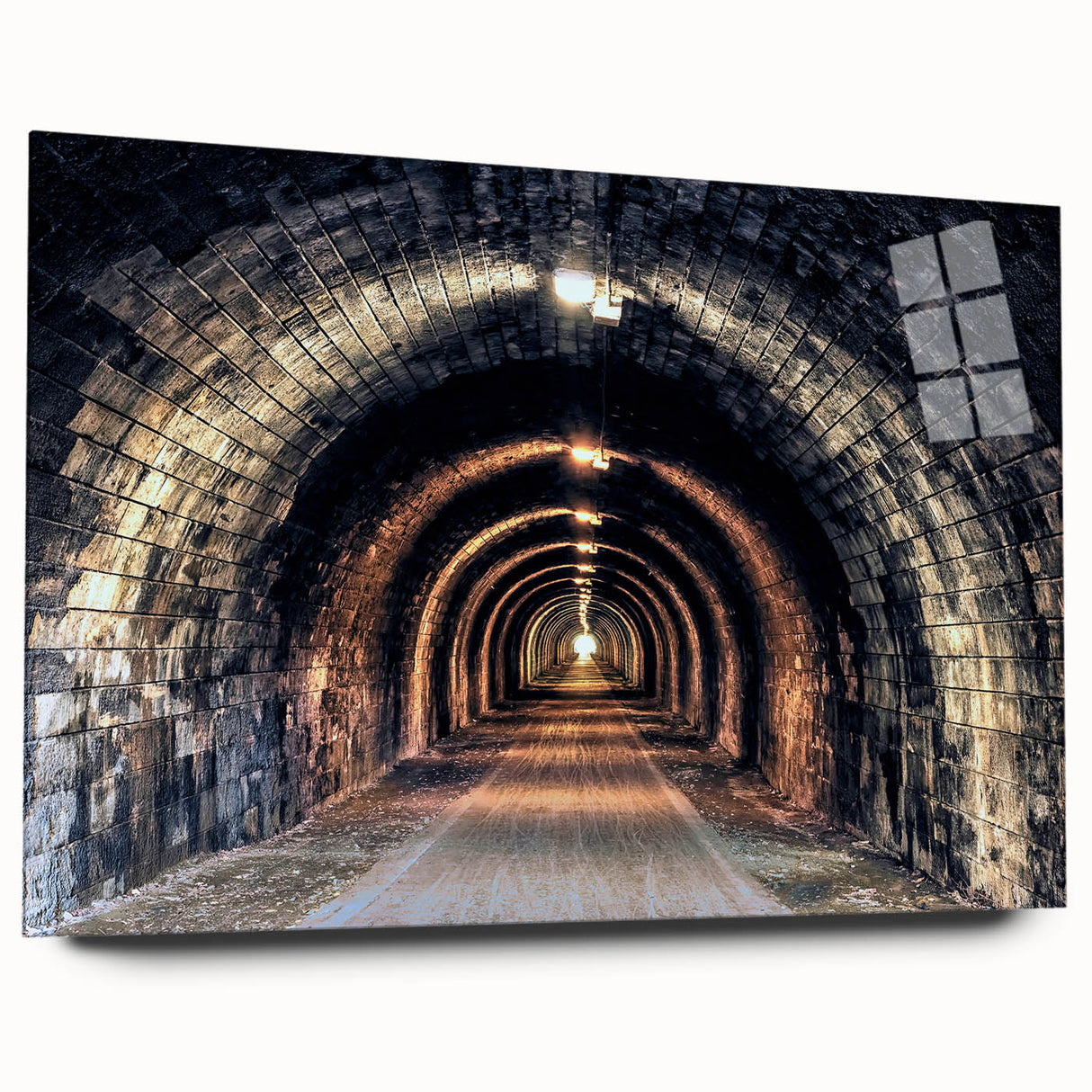 Large abstract wall art on acrylic glass featuring a geometric tunnel design in muted grays and blues.