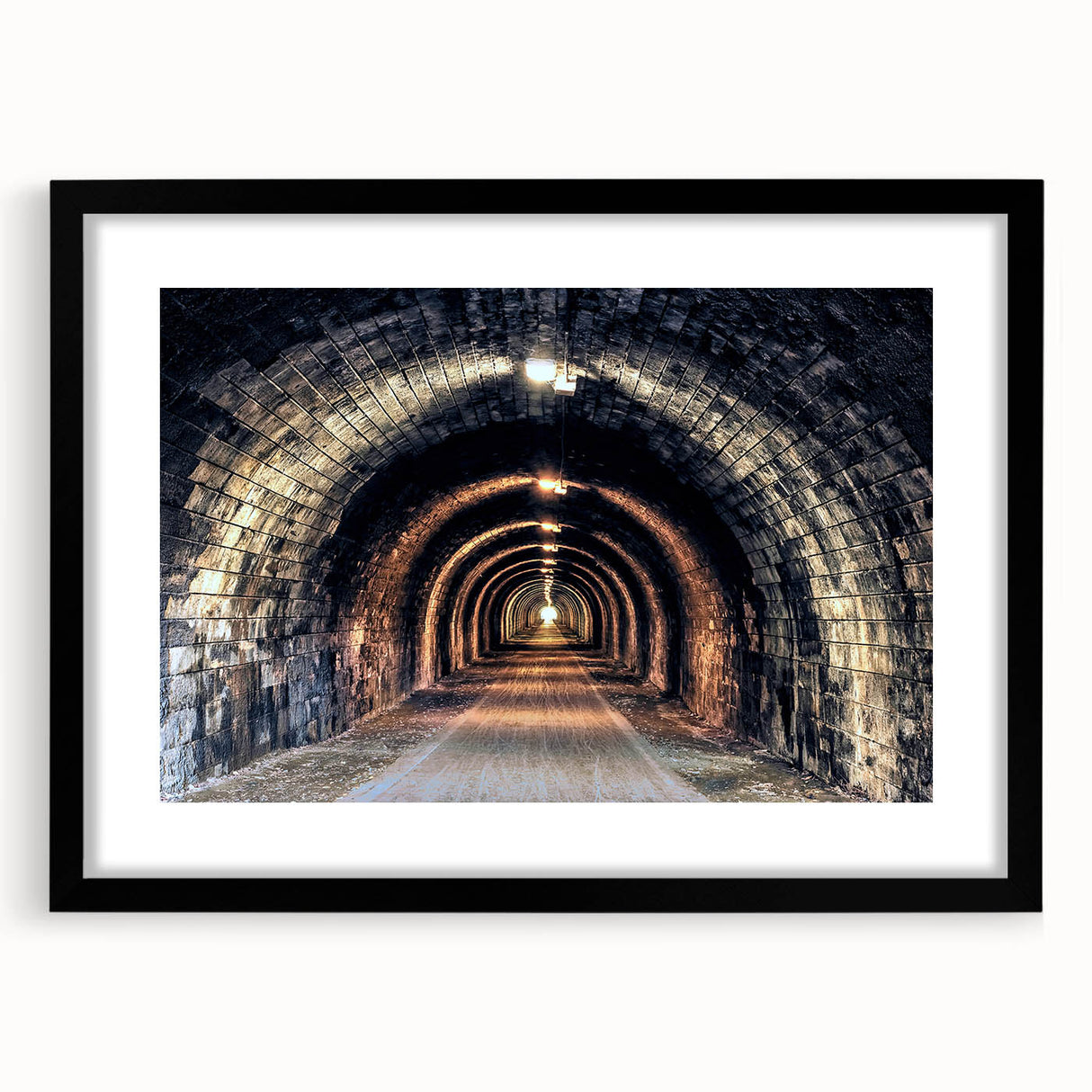 Extra large abstract art print featuring a colorful, textured tunnel design on a framed black mat.