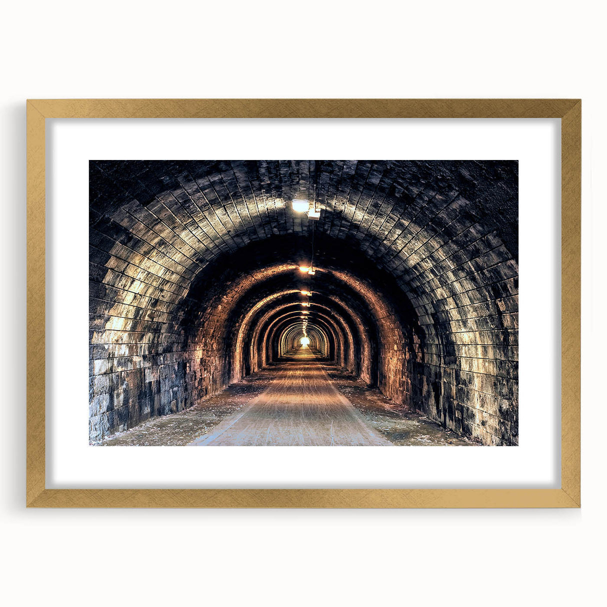 Extra large abstract art print featuring textured tunnels in muted earth tones, framed in gold, ideal for living room decor.