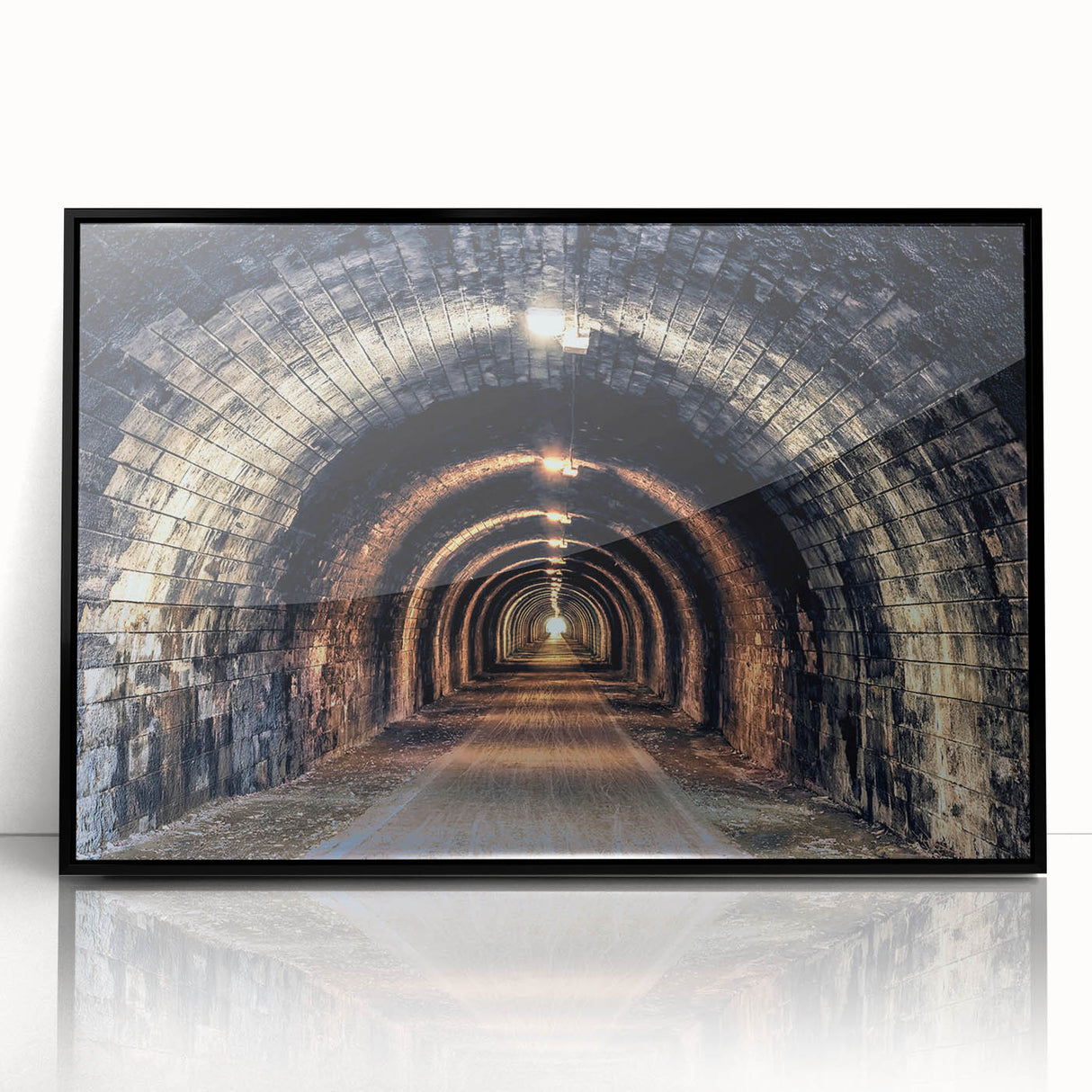 Large abstract wall art depicting architectural tunnels in black and white, framed acrylic, ideal for modern art wall decor.