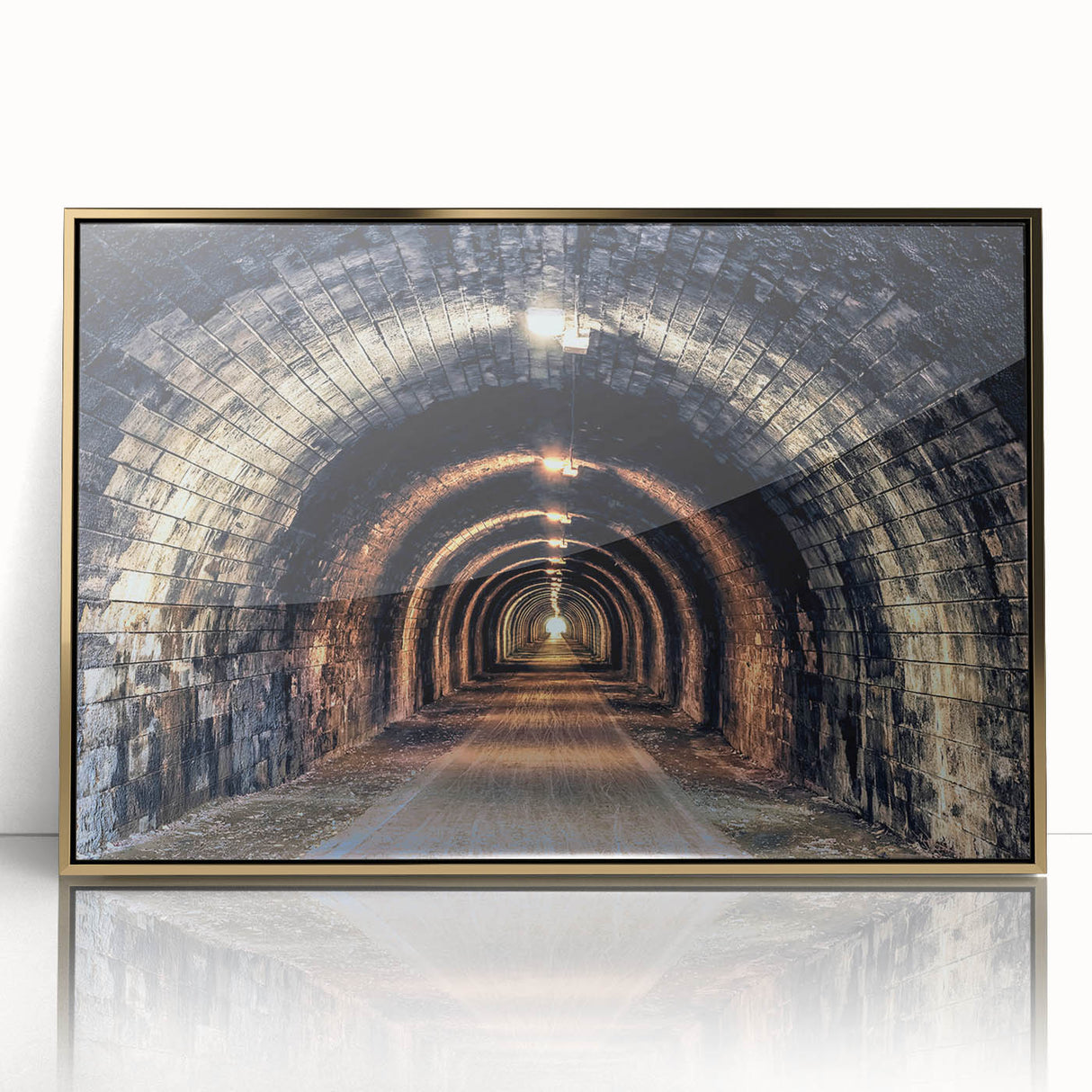 Mid-century modernist acrylic print of architectural tunnels in gold frame, suitable for modern art wall decor.