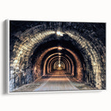 Vintage poster art of colorful architecture tunnels on a white-framed canvas, suited for extra large living room walls.