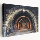 Modern abstract tunnel design in neutral gray tones on large stretched canvas, suitable for kitchen wall art.