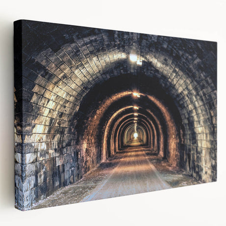 Modern abstract tunnel design in neutral gray tones on large stretched canvas, suitable for kitchen wall art.