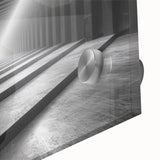 Large abstract wall art on acrylic glass depicting geometric tunnels in gray and blue, ideal for dining room art.