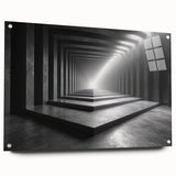 Large abstract wall art on acrylic glass featuring swirling blue and grey tones, suitable for bedroom or dining room decor.